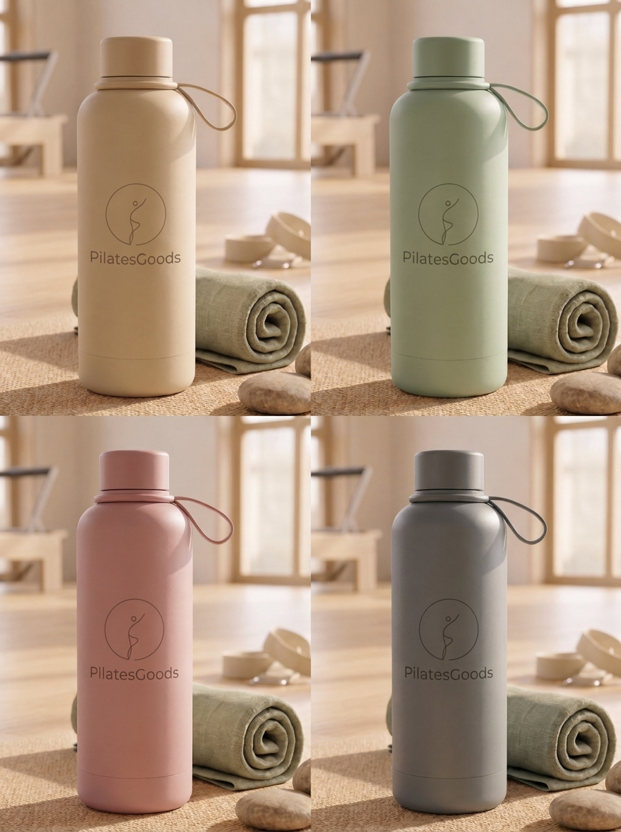 Four custom branded PilatesGoods water bottles in cream, sage green, soft pink and slate gray arranged in a bright Pilates studio