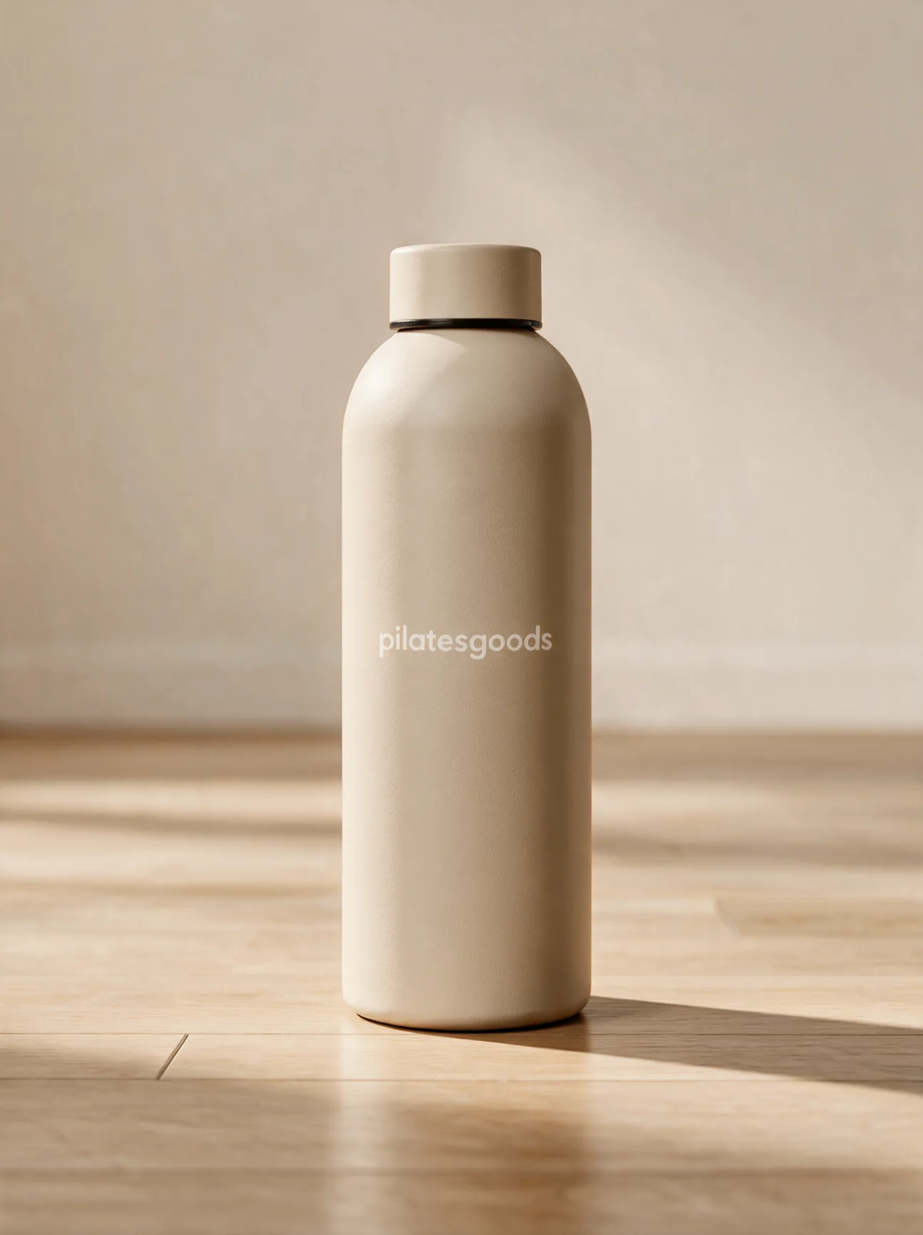 Custom branded Pilates studio water bottle in soft cream with pilatesgoods logo, available in 16 colors