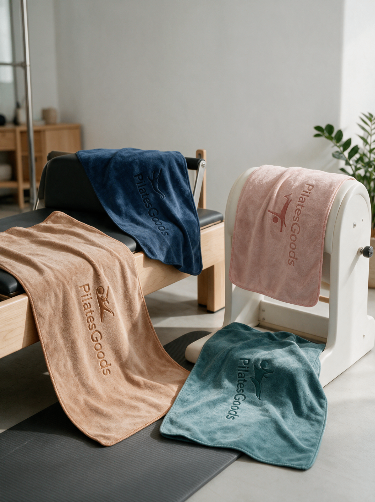 Lifestyle scene showing custom branded PilatesGoods microfiber towels in navy, beige, pink and sage draped over Pilates studio equipment