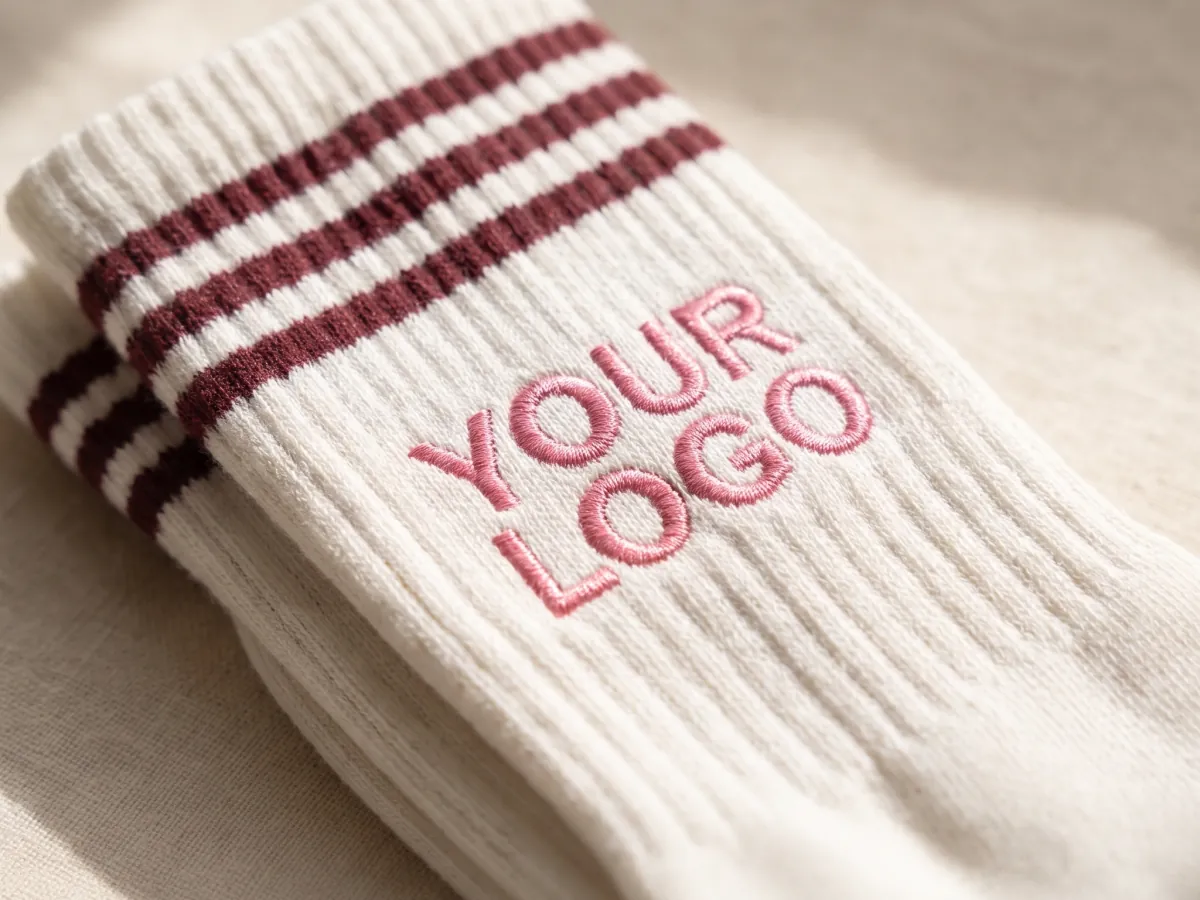 Primer plano de un logo bordado con hilo rosa en un calcetín crew