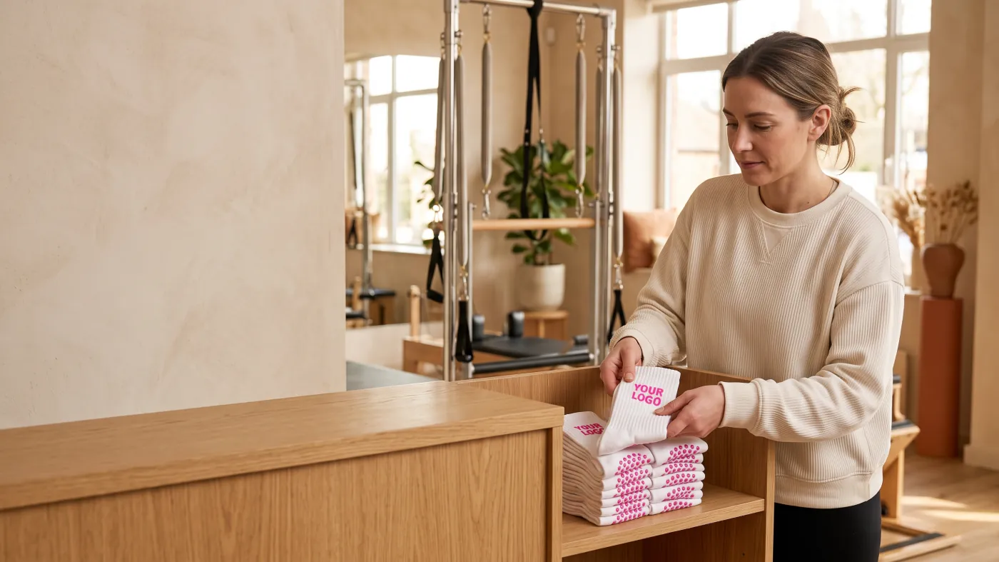 Dueña de un estudio colocando en recepción calcetines grip personalizados con el logo del estudio