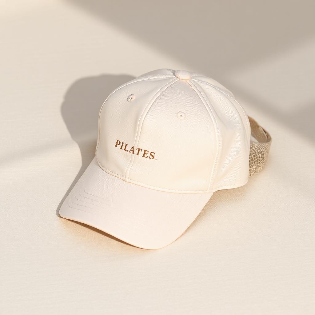 Custom branded Pilates studio cap in beige cotton twill with embroidered studio logo on the front