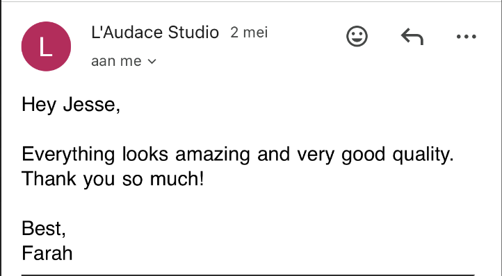 Customer email - L'Audace Studio